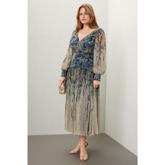 RENE RUIZ COLLECTION Blue Gold Swirled Floral Flowing Tiered Boho Maxi Dress 12 - Picture 4 of 16